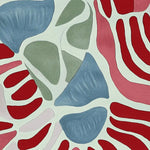 This contemporary wool rug features an abstract design with bold blue, green, and red shapes, ideal for large living rooms. Perfect as an area rug in an 8x10 size, it adds a vibrant touch to modern interiors.