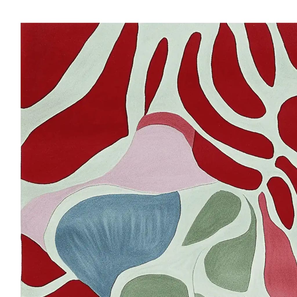 Vibrant area rug featuring an abstract design with bold red, pink, blue, and green shapes, perfect for adding a contemporary flair to any living space. This organic motion scape hand tufted wool rug is ideal for large living room settings, available in an 8x10 size.