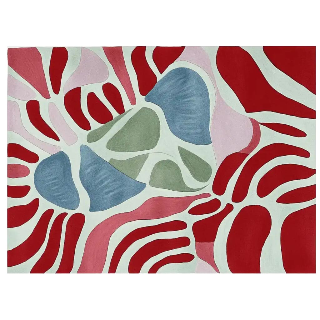 This vibrant Organic Motion Scape Hand Tufted Area Rug features an abstract design with bold red, blue, and green shapes set against a neutral background. Perfect as a contemporary rug for your living room, this wool rug adds a splash of color and style. Ideal for large living room spaces, the rug measures 8x10, providing a statement piece that enhances any modern home decor.
