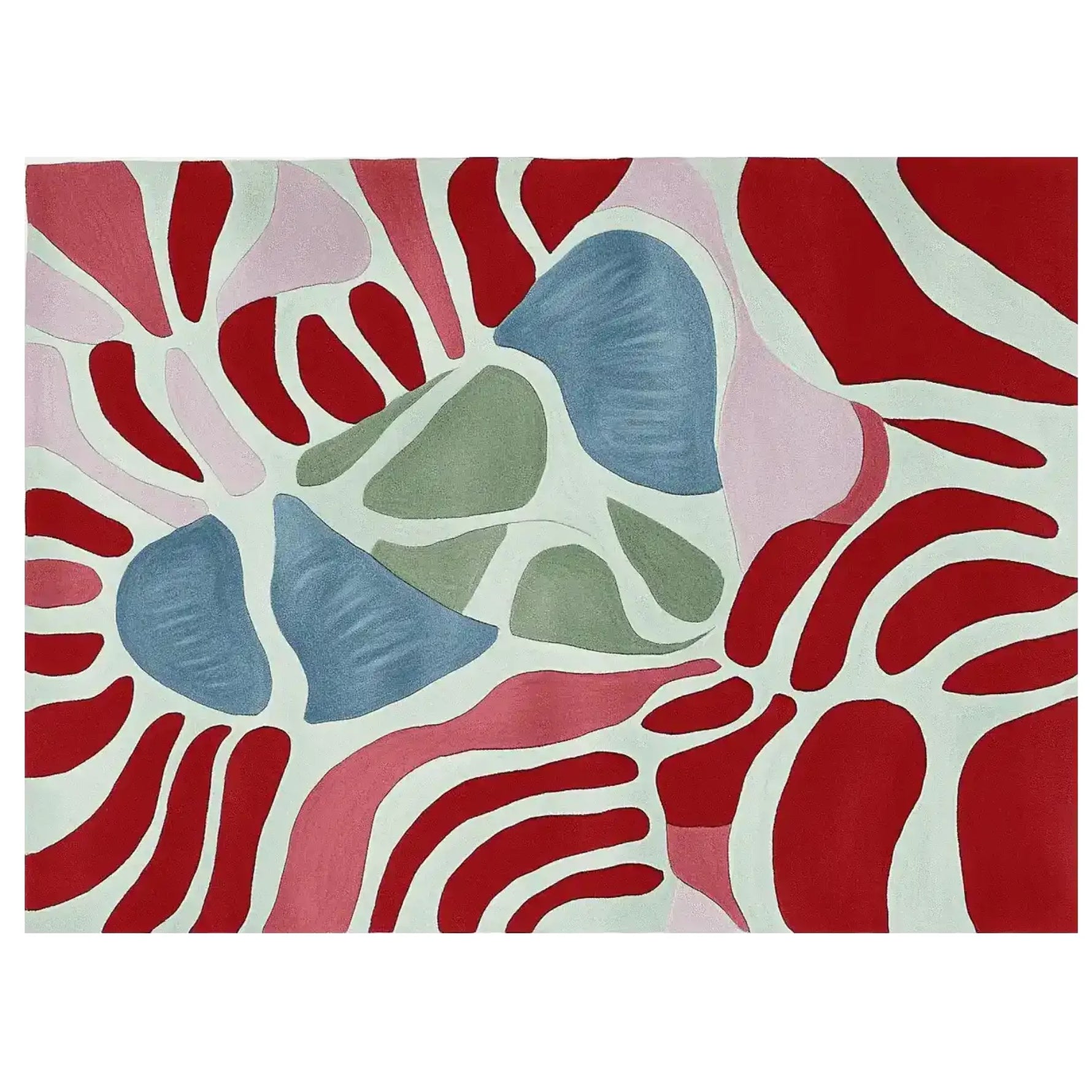 This vibrant Organic Motion Scape Hand Tufted Area Rug features an abstract design with bold red, blue, and green shapes set against a neutral background. Perfect as a contemporary rug for your living room, this wool rug adds a splash of color and style. Ideal for large living room spaces, the rug measures 8x10, providing a statement piece that enhances any modern home decor.