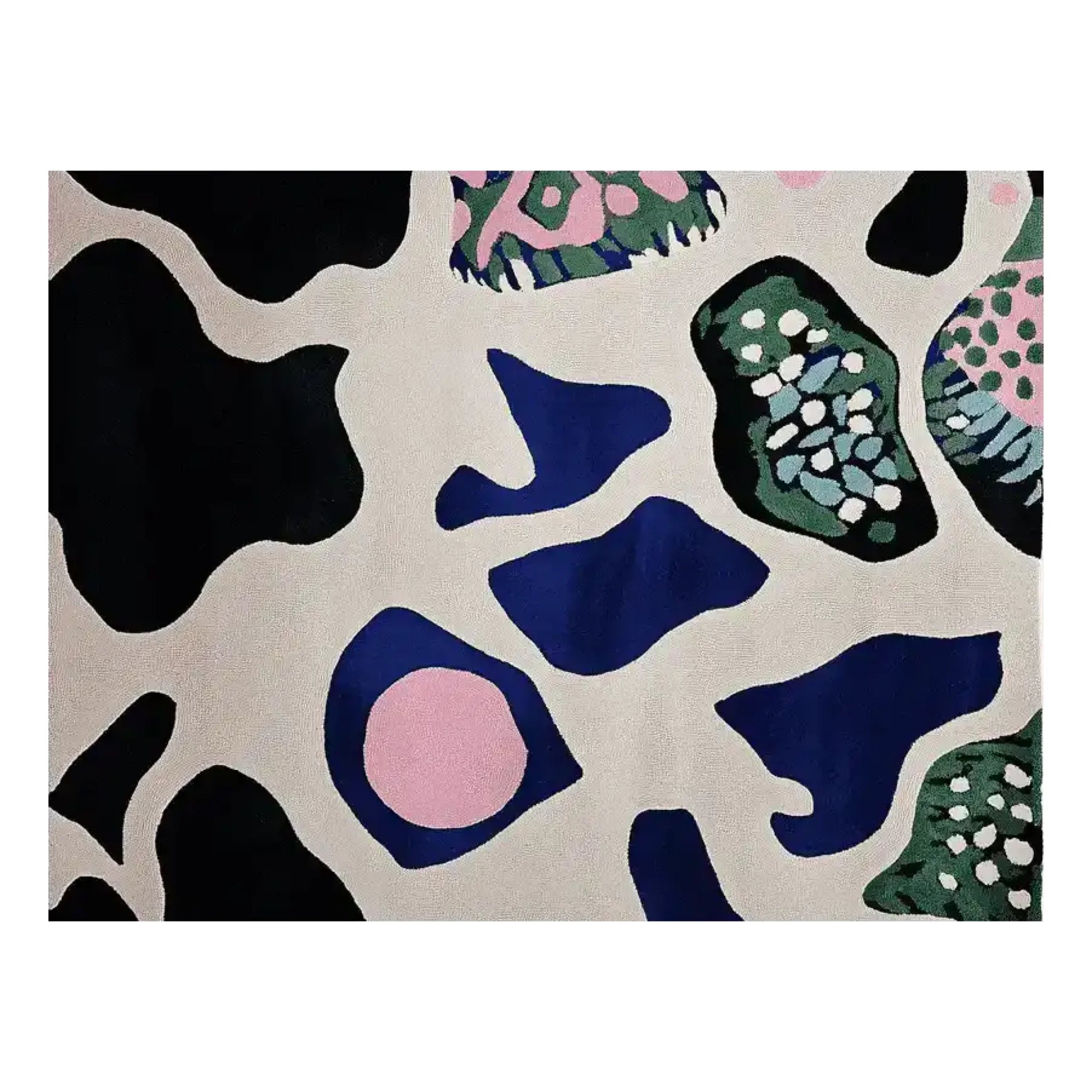 A contemporary wool area rug showcasing an abstract design with vibrant colors, ideal for large living rooms. This hand-tufted rug features a playful mix of black, blue, pink, and green patterns, bringing a modern artistic touch to any space, perfect as an area rug for living room decor.