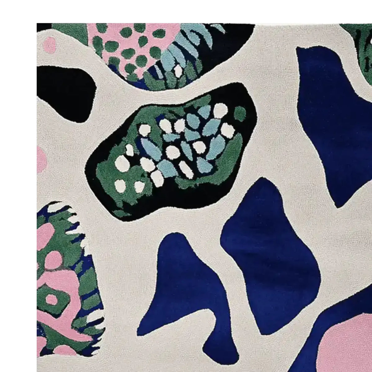 This vibrant area rug showcases a contemporary design with abstract patterns featuring bold blues, greens, and pinks, perfect for a large living room. Hand tufted from wool, this rug adds a modern touch to any space and is an ideal choice for area rugs for living room settings.