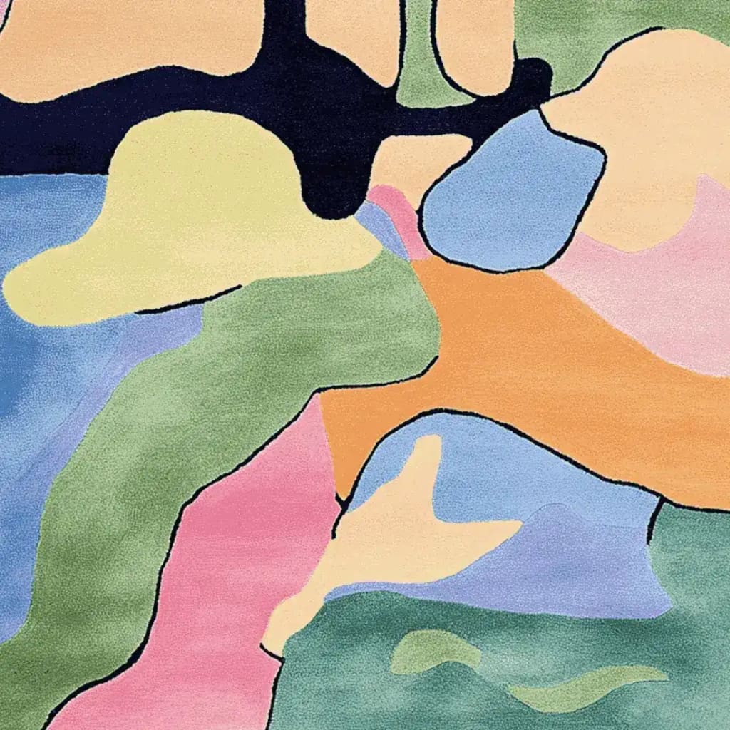 This vibrant area rug features an abstract mosaic design with a harmonious blend of pastel colors including green, blue, pink, and orange, perfect for adding a contemporary touch to your living space. Made from high-quality wool, this hand-tufted rug is ideal for large living rooms, measuring 8x10. Its artistic pattern and soft texture make it a standout choice for those seeking a modern and stylish wool rug.