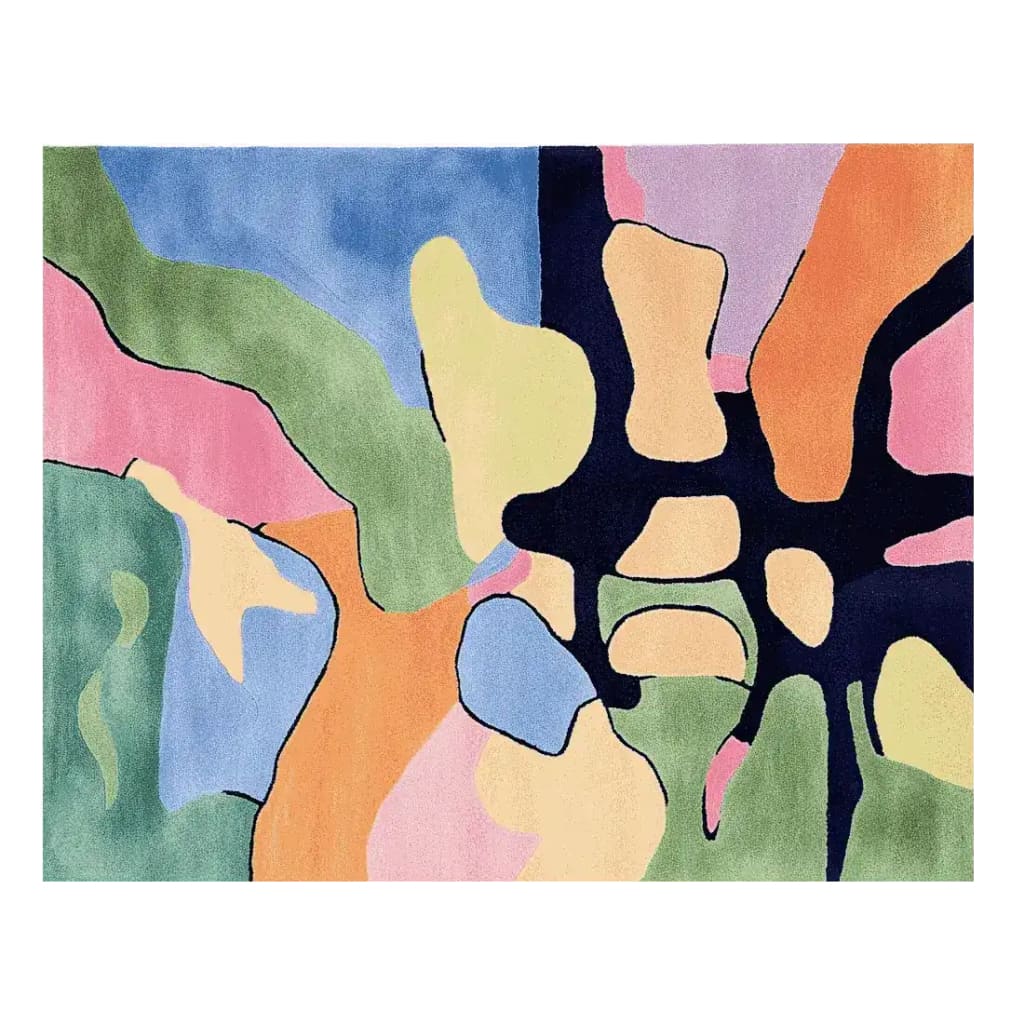 A vibrant area rug featuring an abstract mosaic design with bold colors including green, blue, pink, orange, and black. This contemporary wool rug is perfect for adding a pop of color to large living rooms, especially in an 8x10 size.