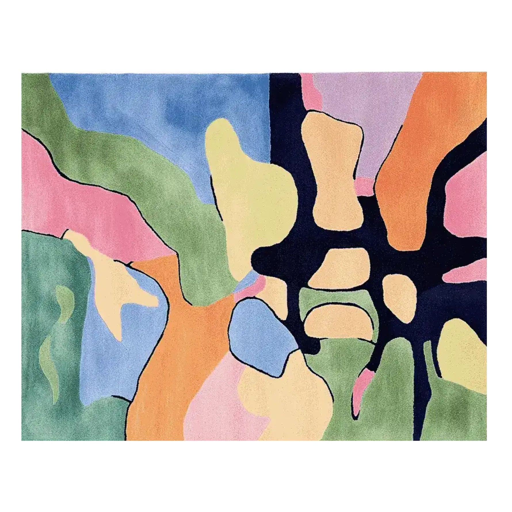 A vibrant area rug featuring an abstract mosaic design with bold colors including green, blue, pink, orange, and black. This contemporary wool rug is perfect for adding a pop of color to large living rooms, especially in an 8x10 size.
