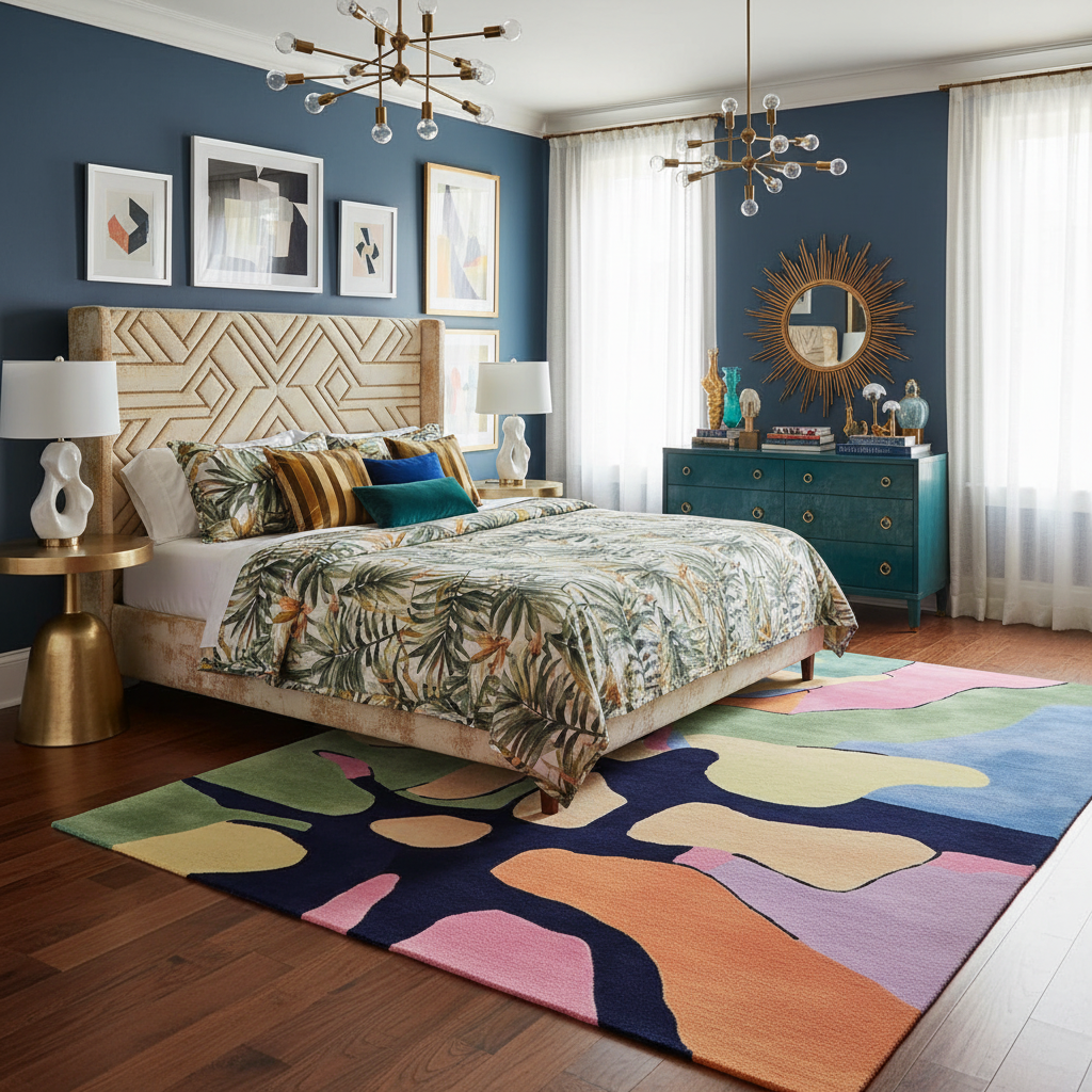 Modern bedroom with a colorful rug, bed, and decorative elements.