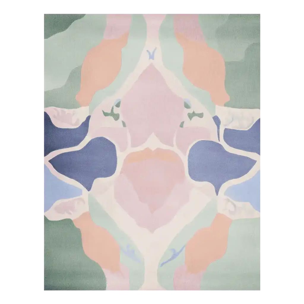 Top view of the Organic Shape Rhapsody Hand Tufted Area Rug featuring an abstract design in pastel colors. This contemporary wool rug is perfect for adding a touch of modern elegance to living rooms, especially in an 8x10 size.