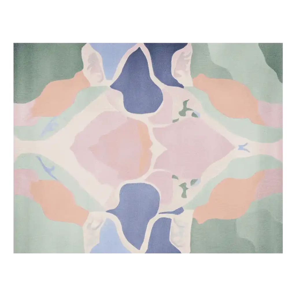 A beautifully designed area rug with an abstract pattern featuring a blend of soft blues, greens, pinks, and oranges. This contemporary wool rug offers a unique artistic touch, perfect for elevating the style of any living room. Ideal for an 8x10 space, this hand-tufted rug adds warmth and texture.