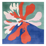 A vibrant, hand-tufted square area rug featuring an abstract design in bold colors like red, blue, and green. This large living room rug enhances contemporary decor with its organic shapes. Perfect as a wool rug for living room area rugs.