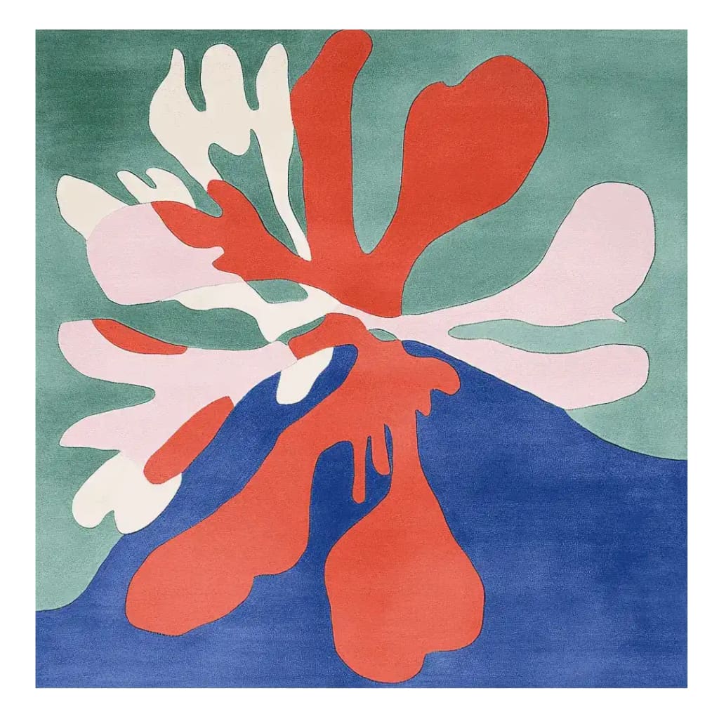 A vibrant, hand-tufted square area rug featuring an abstract design in bold colors like red, blue, and green. This large living room rug enhances contemporary decor with its organic shapes. Perfect as a wool rug for living room area rugs.