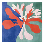 A vibrant, contemporary area rug showcasing an organic abstract design with bold red, blue, and green shapes. This square area rug is perfect for large living rooms, adding a modern touch to any space. Made with high-quality wool, this hand-tufted rug combines style and comfort, ideal as a living room area rug.