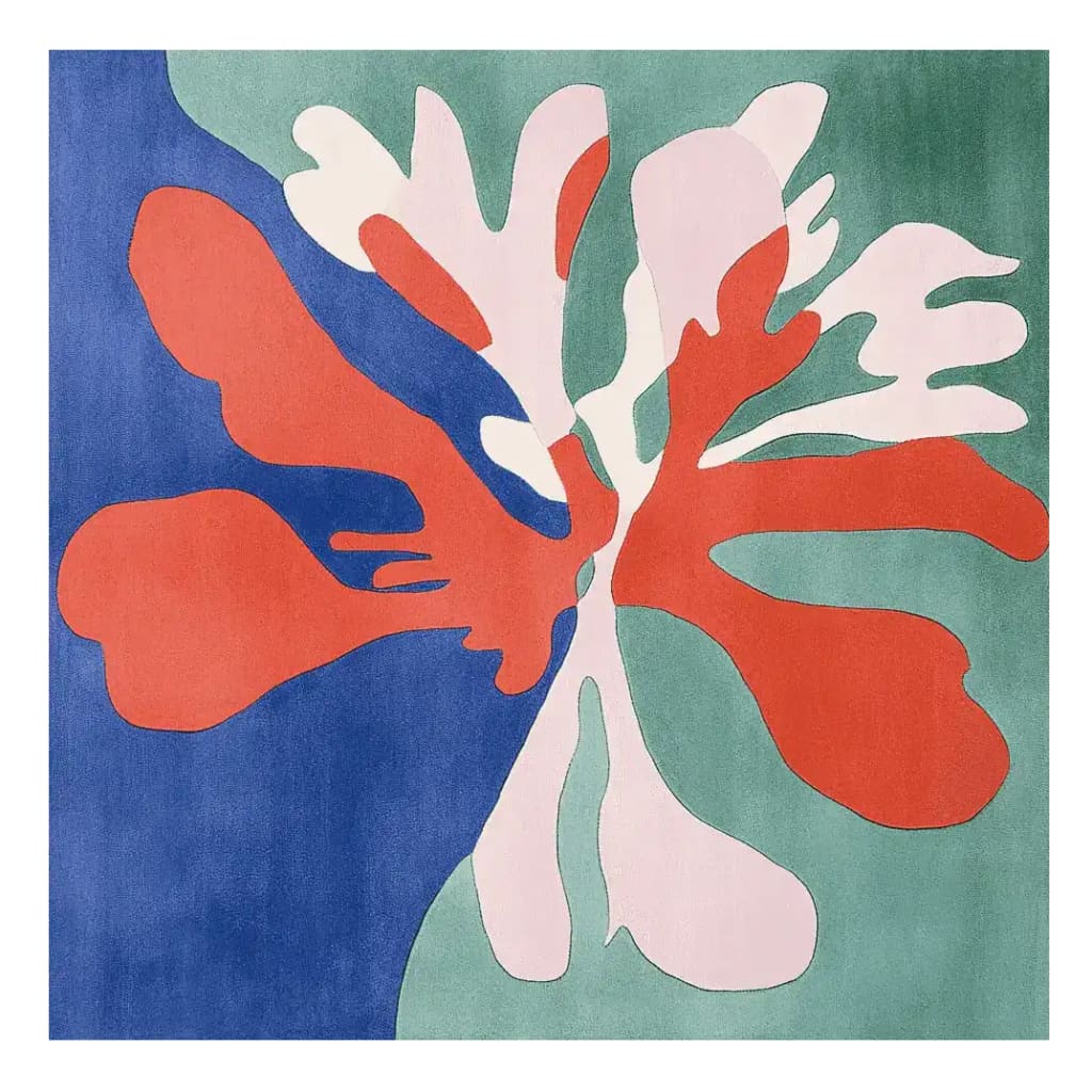 A vibrant, contemporary area rug showcasing an organic abstract design with bold red, blue, and green shapes. This square area rug is perfect for large living rooms, adding a modern touch to any space. Made with high-quality wool, this hand-tufted rug combines style and comfort, ideal as a living room area rug.