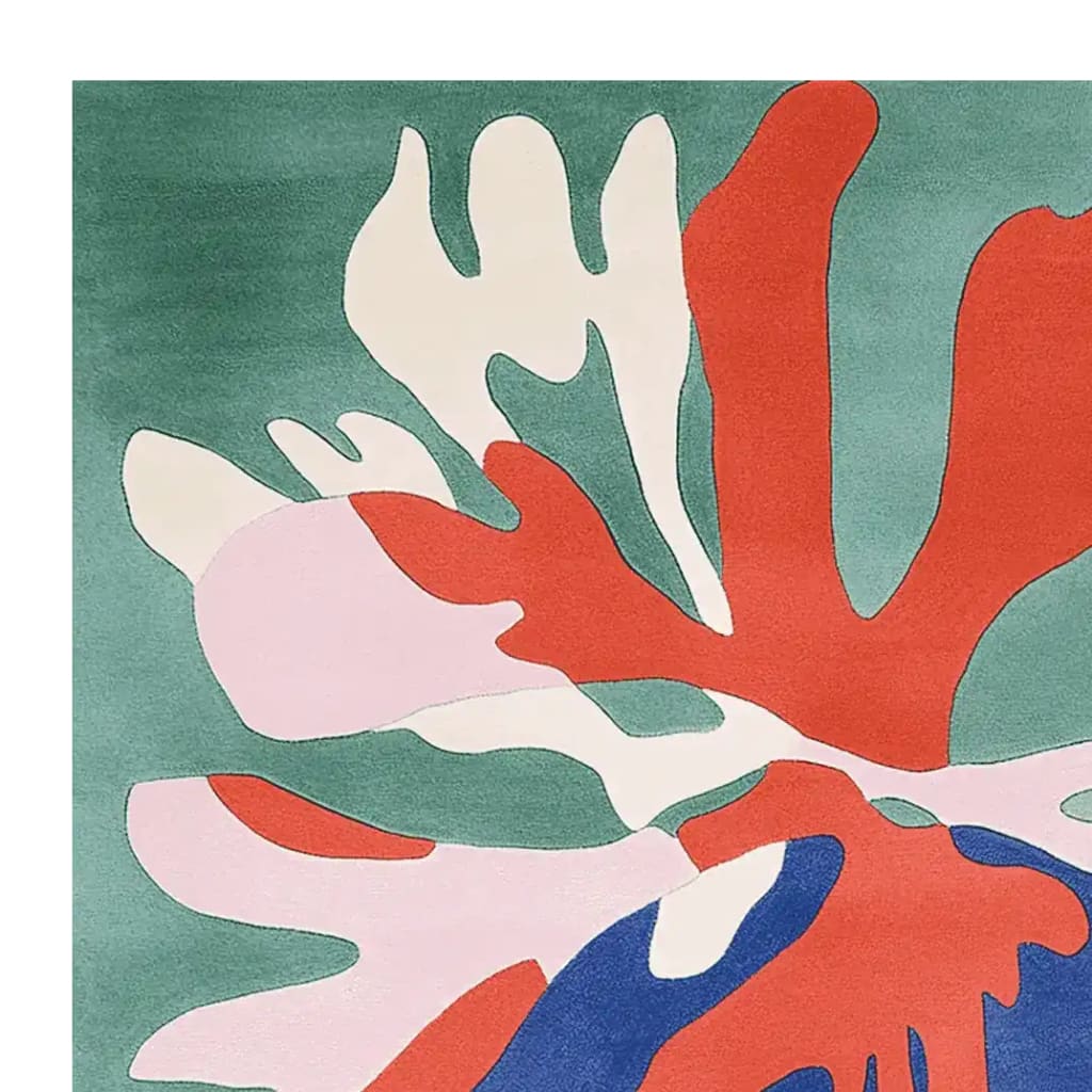 Vibrant hand-tufted area rug featuring an organic abstract design in shades of orange, pink, and blue on a green background. Perfect for large living rooms, this contemporary square area rug adds a modern touch with its bold colors and wool texture.