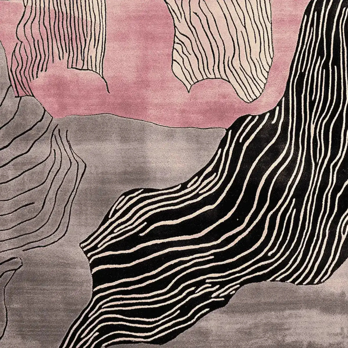Top view of an Organic Surface Shift Hand Tufted Area Rug, featuring a contemporary abstract design with flowing lines and a mix of pink, grey, and black hues. This wool rug adds a modern touch to living room area rugs, perfect for enhancing any space.