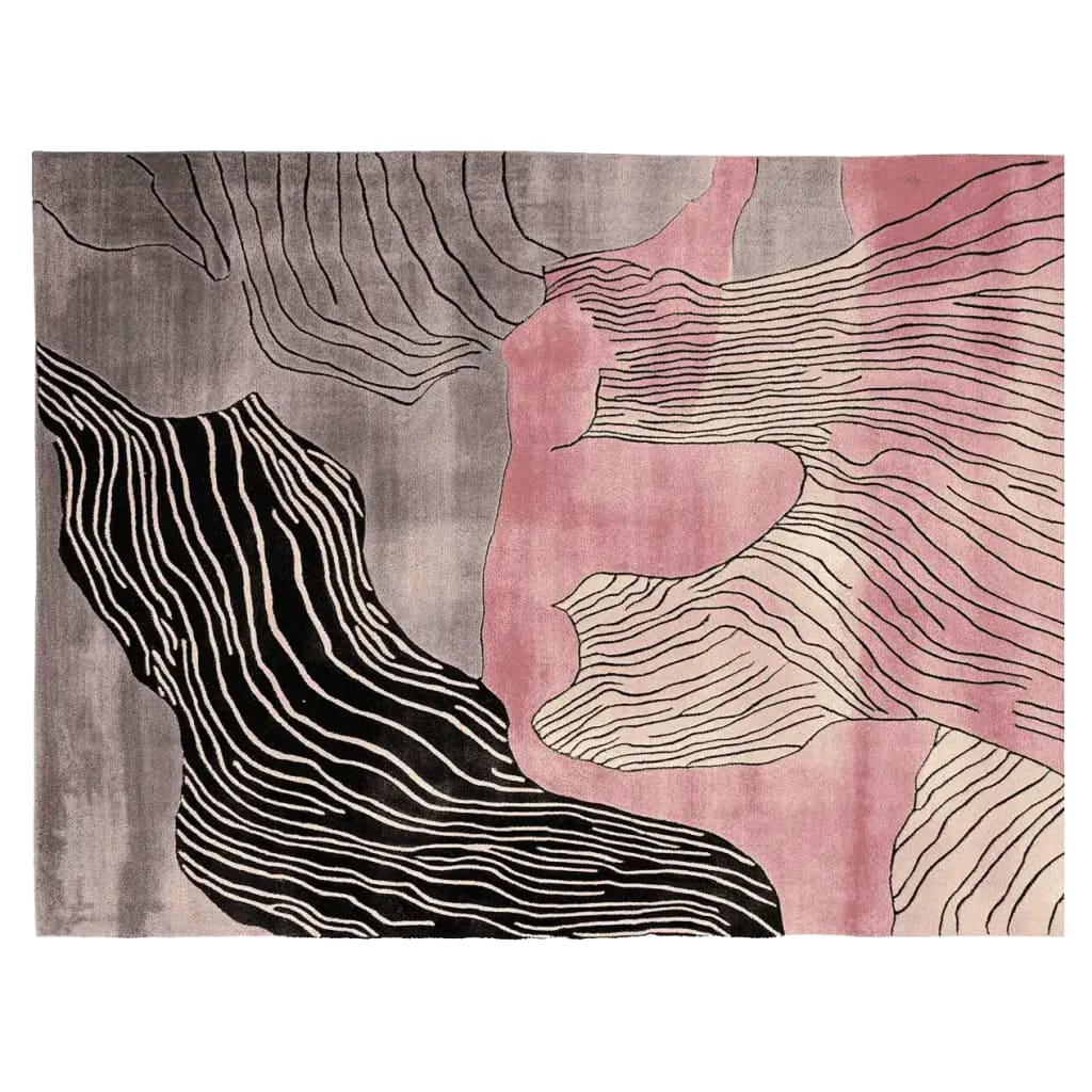 A beautifully designed area rug with a contemporary abstract pattern, featuring flowing lines in shades of black, grey, and pink. This wool rug is perfect for adding a modern touch to living room area rugs, making it an ideal choice for area rugs for living room settings.