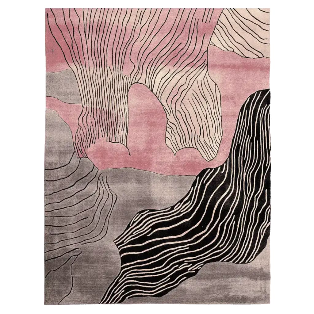 A stunning Organic Surface Shift Hand Tufted Area Rug featuring an abstract design with flowing lines in shades of pink, black, and gray. This contemporary wool rug is perfect for adding a modern touch to living room spaces, making it an ideal choice for those seeking stylish area rugs for living rooms.