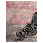 A stunning Organic Surface Shift Hand Tufted Area Rug featuring an abstract design with flowing lines in shades of pink, black, and gray. This contemporary wool rug is perfect for adding a modern touch to living room spaces, making it an ideal choice for those seeking stylish area rugs for living rooms.