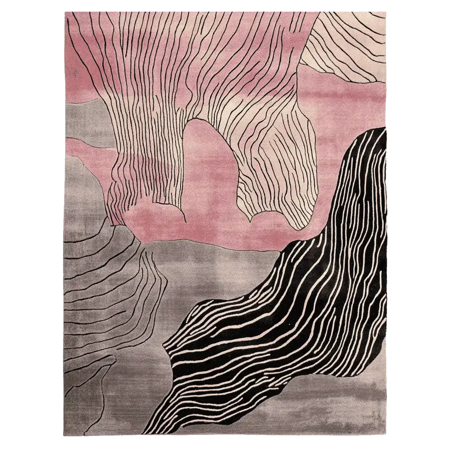 A stunning Organic Surface Shift Hand Tufted Area Rug featuring an abstract design with flowing lines in shades of pink, black, and gray. This contemporary wool rug is perfect for adding a modern touch to living room spaces, making it an ideal choice for those seeking stylish area rugs for living rooms.