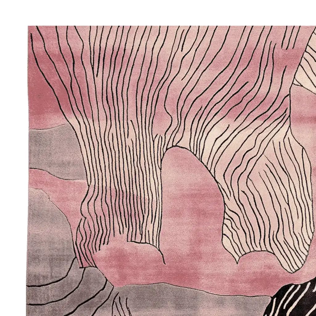 A beautifully crafted area rug featuring an abstract design in shades of pink and grey, ideal for contemporary living rooms. This wool rug showcases intricate line patterns, adding a modern touch to any living room area.