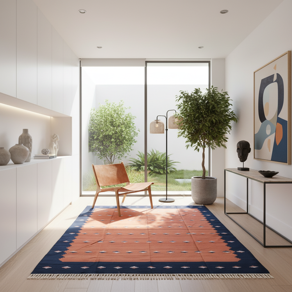 Organic Vegetable Dyed Indian Dhurrie Reversible Cotton Rug - Burnt Orange