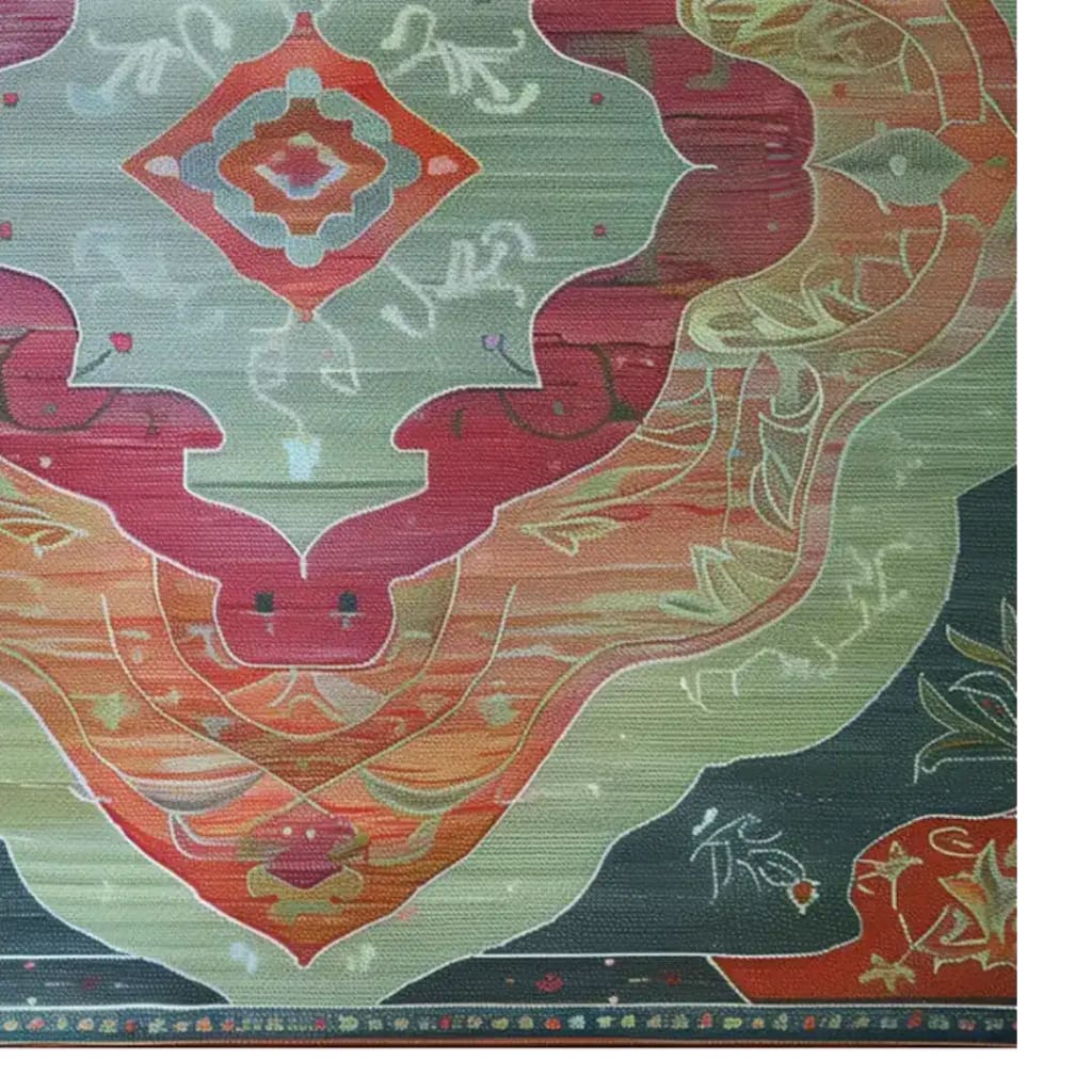 Vibrant Orient Flame Hand Tufted Area Rug featuring abstract patterns in rich red, orange, and green hues. Perfect for adding a splash of color to your living room or office. This large 8x10 wool rug is ideal for those seeking unique living room rugs and large living room rugs.
