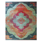 The Orient Flame Hand Tufted Rug features an intricate abstract design with vibrant red, orange, and green hues, perfect for adding a bold touch to living rooms or offices. This large 8x10 wool area rug enhances any space with its artistic flair and cozy texture, ideal for those seeking stylish living room rugs.