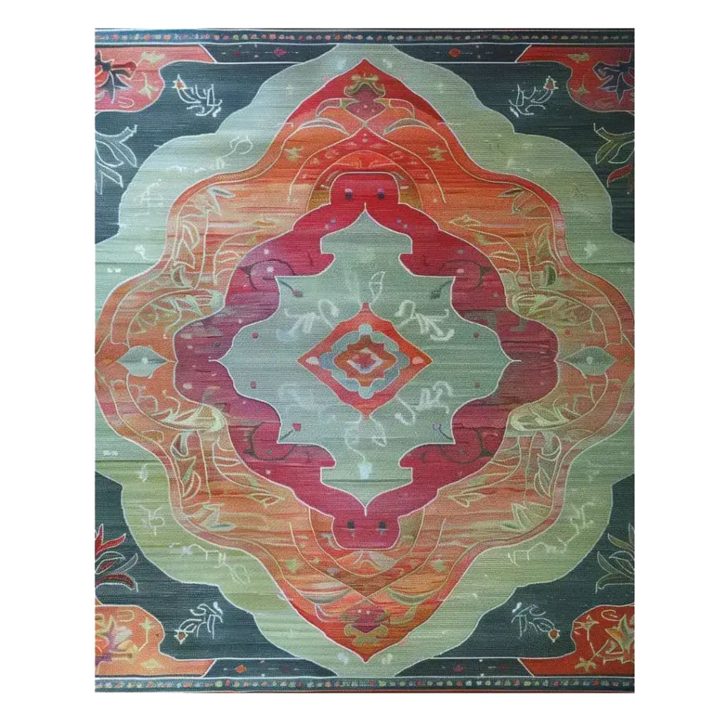 The Orient Flame Hand Tufted Rug features an intricate abstract design with vibrant red, orange, and green hues, perfect for adding a bold touch to living rooms or offices. This large 8x10 wool area rug enhances any space with its artistic flair and cozy texture, ideal for those seeking stylish living room rugs.