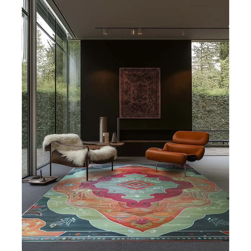 A stylish living room featuring the Orient Flame Hand Tufted Area Rug in vibrant colors, ideal for large living rooms or office spaces. The 8x10 wool rug adds a touch of elegance with its abstract design, complementing the modern furniture and expansive windows.