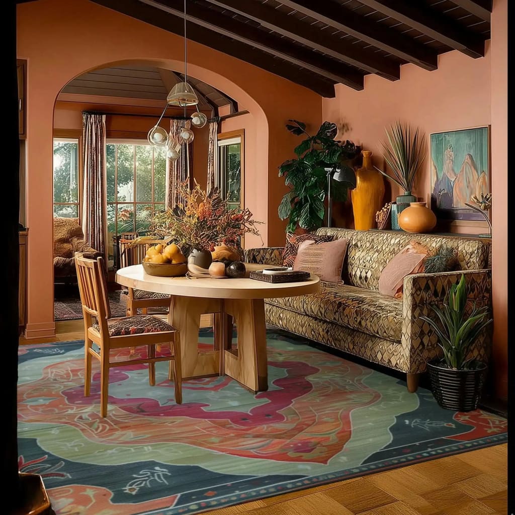 A stylish living room featuring the Orient Flame Hand Tufted Area Rug in an 8x10 size. The large wool rug showcases vibrant abstract patterns in rich colors, complementing the cozy decor of a living room or office setting. A wooden table, chairs, and a patterned sofa enhance the warmth of the space.