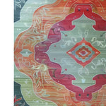 A vibrant Orient Flame Hand Tufted Area Rug with an intricate abstract design in red, orange, and green hues, ideal for large living rooms or offices. This 8x10 wool rug adds a touch of elegance and warmth to any living space.