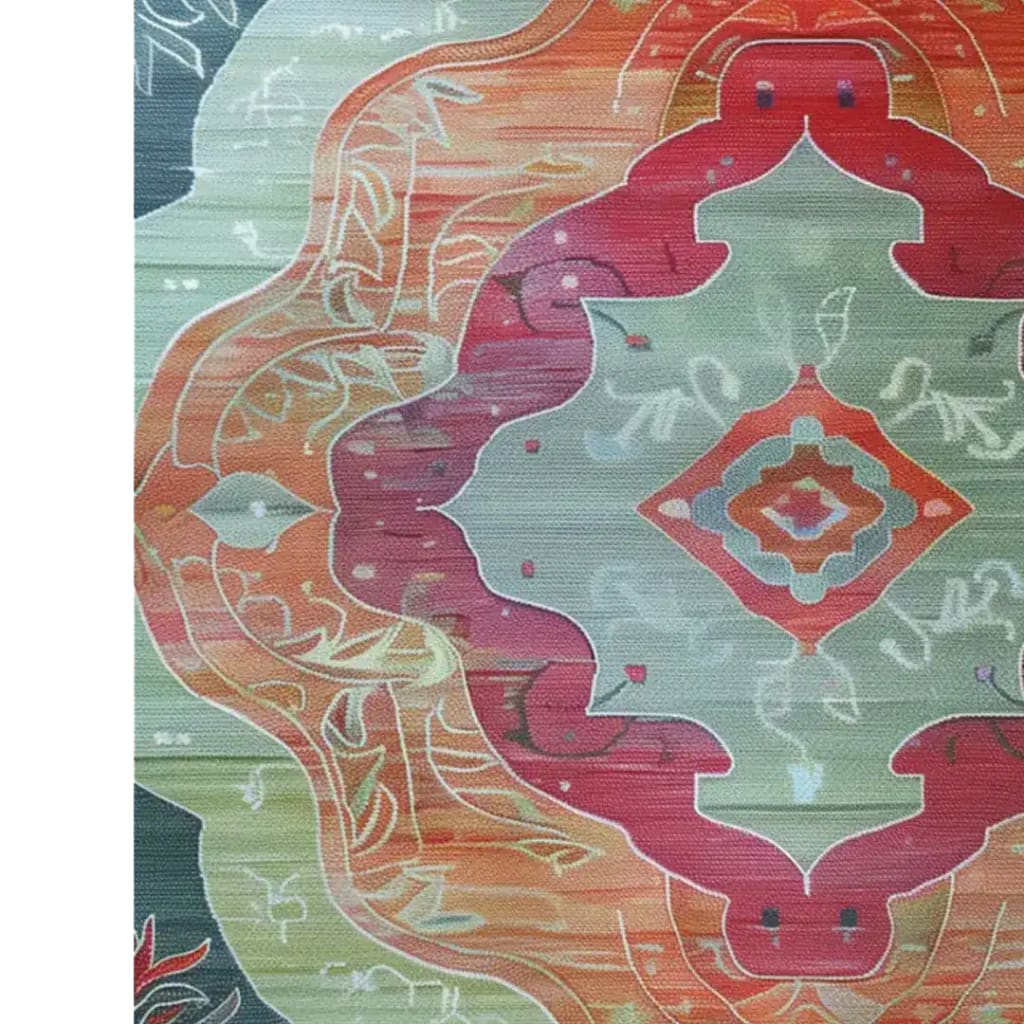 A vibrant Orient Flame Hand Tufted Area Rug with an intricate abstract design in red, orange, and green hues, ideal for large living rooms or offices. This 8x10 wool rug adds a touch of elegance and warmth to any living space.