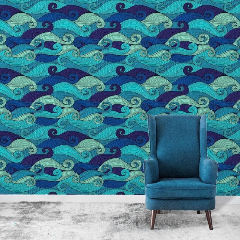 Oriental Blue Ocean Waves Wallpaper 