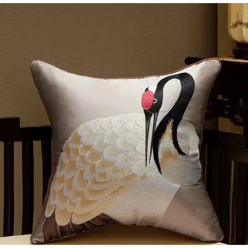 Oriental crane embroidered satin throw pillow cover featuring intricate detailing and elegant design, perfect for home decor