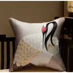 Oriental crane embroidered satin throw pillow cover featuring intricate detailing and elegant design, perfect for home decor