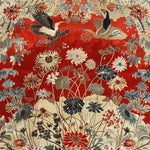 Oriental Elegance Hand Tufted Area Rug featuring a vibrant mix of red, blue, and beige floral patterns with bird motifs. This vintage wool rug is perfect for large living rooms, measuring 8x10, adding a touch of sophistication and elegance to your living room decor.