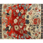 Vibrant Oriental Elegance Hand Tufted Area Rug featuring a detailed floral pattern in rich reds and blues. Perfect for adding a touch of vintage charm to large living rooms, this 8x10 wool rug showcases intricate bird and flower motifs, ideal for enhancing any living room decor.