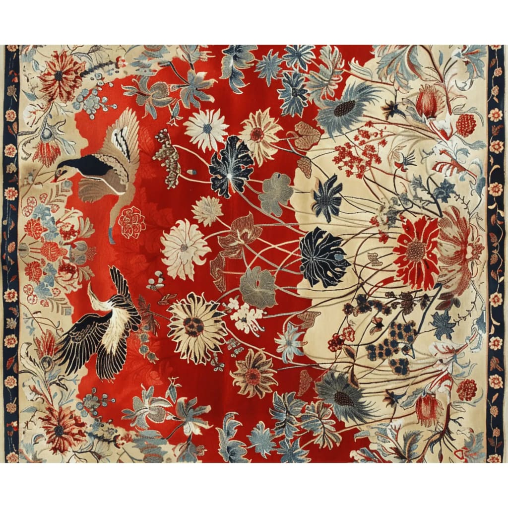 Vibrant Oriental Elegance Hand Tufted Area Rug featuring a detailed floral pattern in rich reds and blues. Perfect for adding a touch of vintage charm to large living rooms, this 8x10 wool rug showcases intricate bird and flower motifs, ideal for enhancing any living room decor.