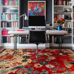 Oriental Elegance Hand Tufted Rug in a modern living room setting, showcasing a vibrant vintage design with floral patterns. This 8x10 wool area rug adds a splash of color and elegance to the living space, enhancing the aesthetics of large living room rugs.