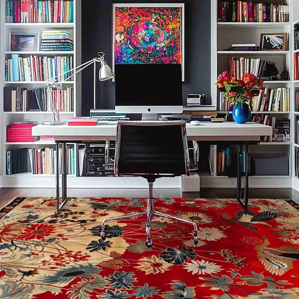 Oriental Elegance Hand Tufted Rug in a modern living room setting, showcasing a vibrant vintage design with floral patterns. This 8x10 wool area rug adds a splash of color and elegance to the living space, enhancing the aesthetics of large living room rugs.