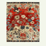 Oriental Elegance Hand Tufted Area Rug featuring a vibrant design with birds and floral patterns in rich red and cream. Perfect for adding a touch of vintage charm to large living rooms, this 8x10 wool rug combines traditional aesthetics with modern comfort, ideal for a cozy living room setting.