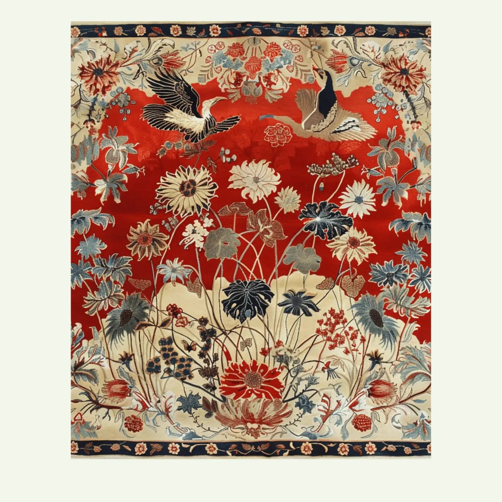 Oriental Elegance Hand Tufted Area Rug featuring a vibrant design with birds and floral patterns in rich red and cream. Perfect for adding a touch of vintage charm to large living rooms, this 8x10 wool rug combines traditional aesthetics with modern comfort, ideal for a cozy living room setting.