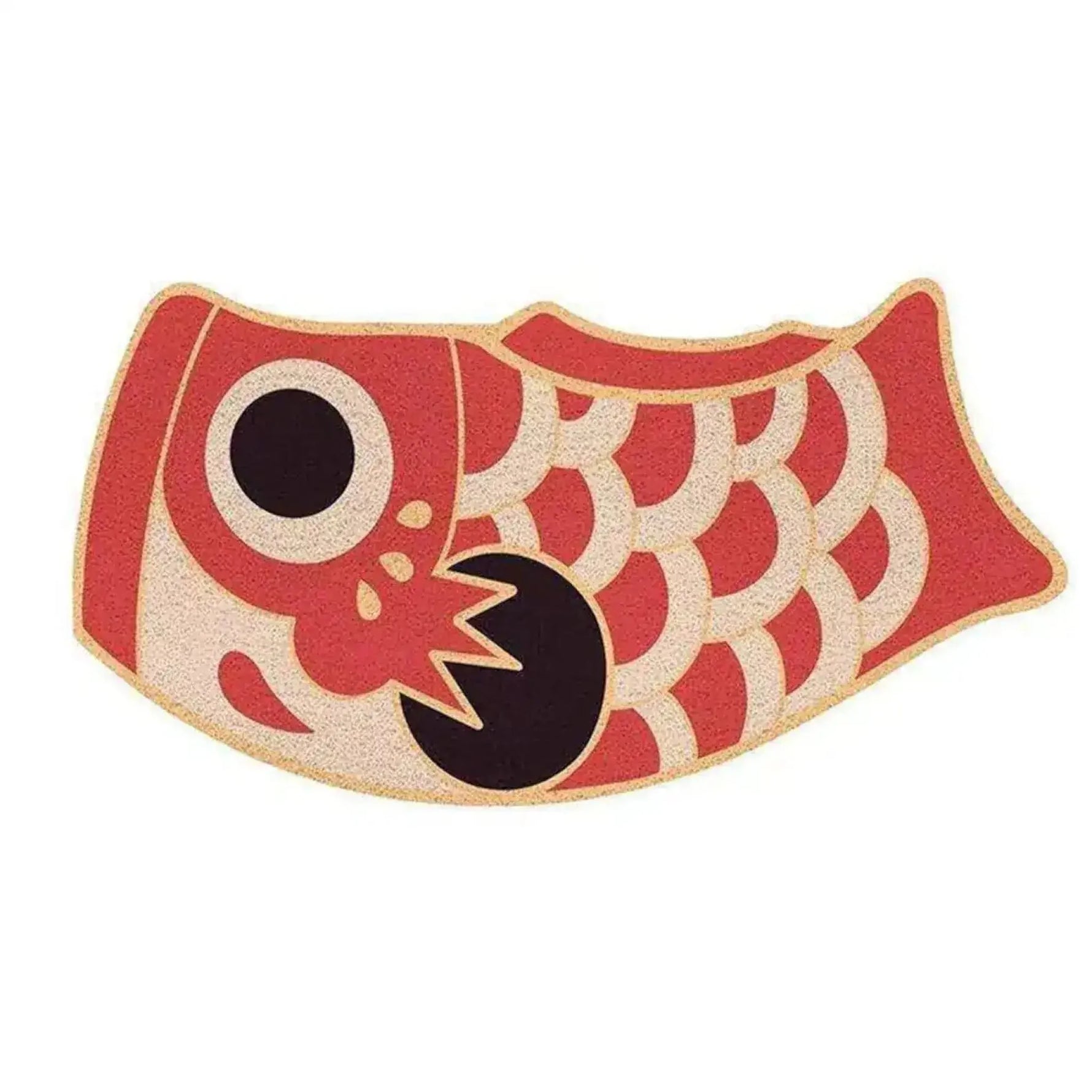 A unique area rug in the shape of an oriental fish, featuring vibrant red and black colors with intricate scale patterns. Perfect for adding a touch of creativity to living room area rugs, this rug is an eye-catching piece for your home decor.