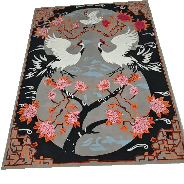 Beautiful Oriental Reverie hand-tufted area rug featuring an intricate floral design with elegant cranes, perfect for enhancing bedrooms or living rooms. This wool rug showcases vivid colors and a serene, nature-inspired pattern, making it an ideal choice for those seeking bedroom area rugs with a touch of elegance.