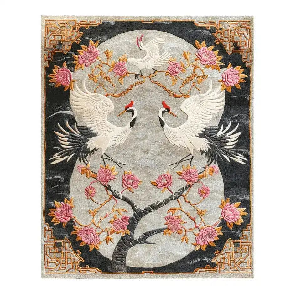 Oriental Reverie Hand Tufted Area Rug featuring a striking design with elegant cranes and vibrant pink blossoms set against a soft gray background. Perfect for enhancing the aesthetic of bedrooms or living rooms, this floral wool rug adds a touch of sophistication to any space.