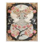 Oriental Reverie Hand Tufted Area Rug featuring a striking design with elegant cranes and vibrant pink blossoms set against a soft gray background. Perfect for enhancing the aesthetic of bedrooms or living rooms, this floral wool rug adds a touch of sophistication to any space.