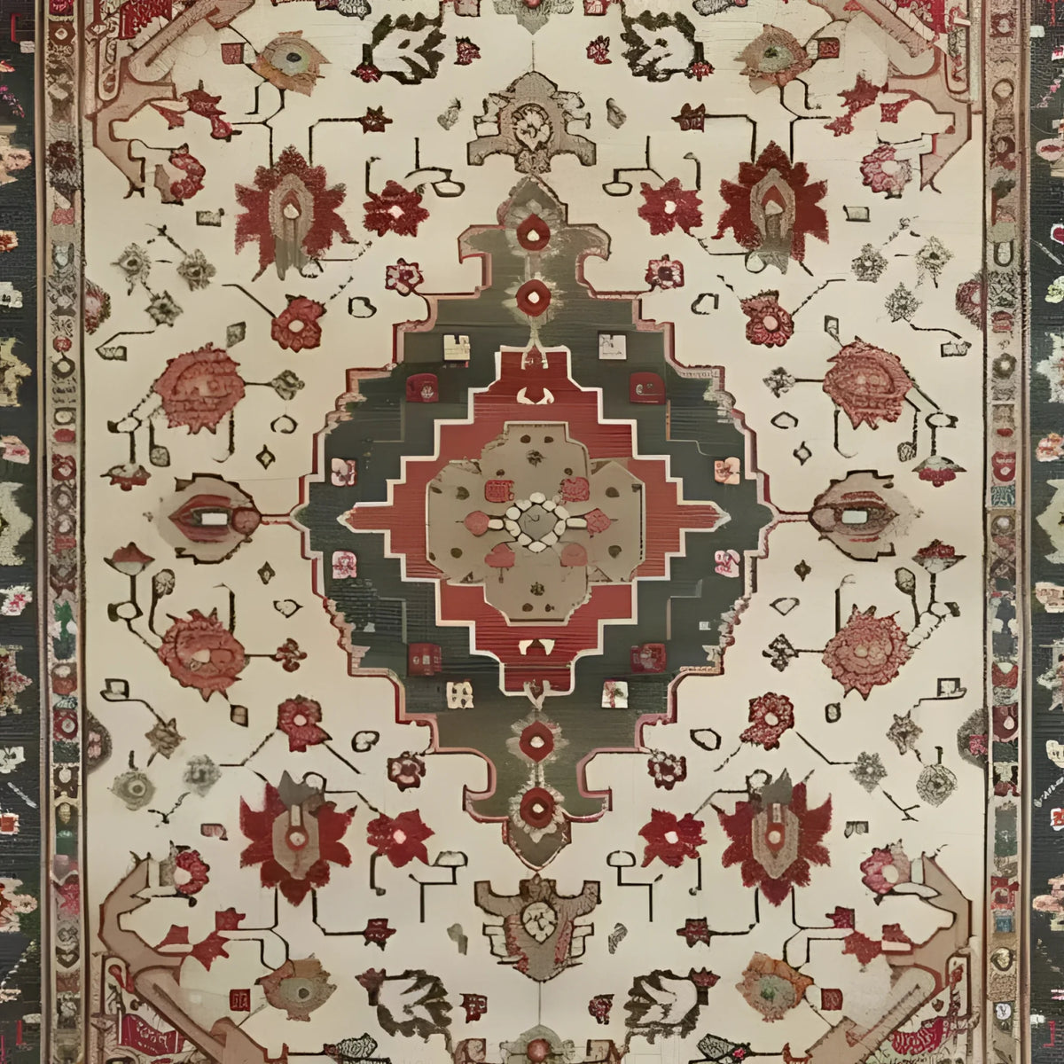This elegant area rug features an intricate vintage floral design, reminiscent of traditional Persian rugs. The hand-knotted piece showcases a rich blend of earthy tones and detailed patterns, perfect for adding a touch of classic charm to any living room. Ideal for 8x10 spaces, this floral rug is a timeless addition to your home decor.