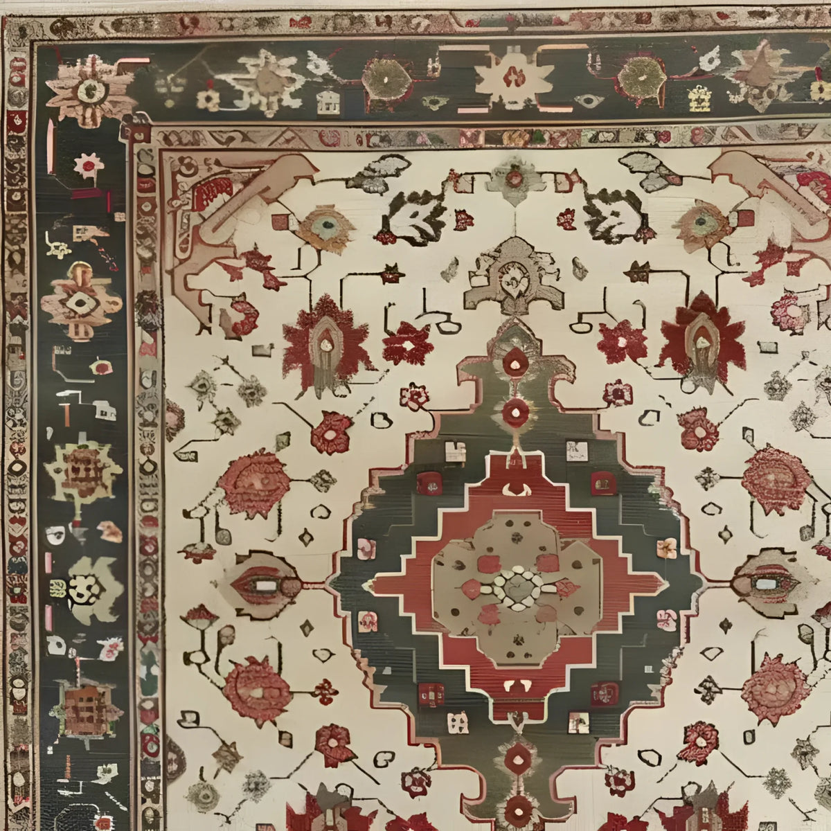 Close-up of an ornamental floral hand-knotted area rug showcasing a vintage Persian design. The intricate pattern features vibrant reds and greens with floral motifs, perfect for adding elegance to living room areas. Ideal for 8x10 spaces, this rug offers a timeless and sophisticated touch.