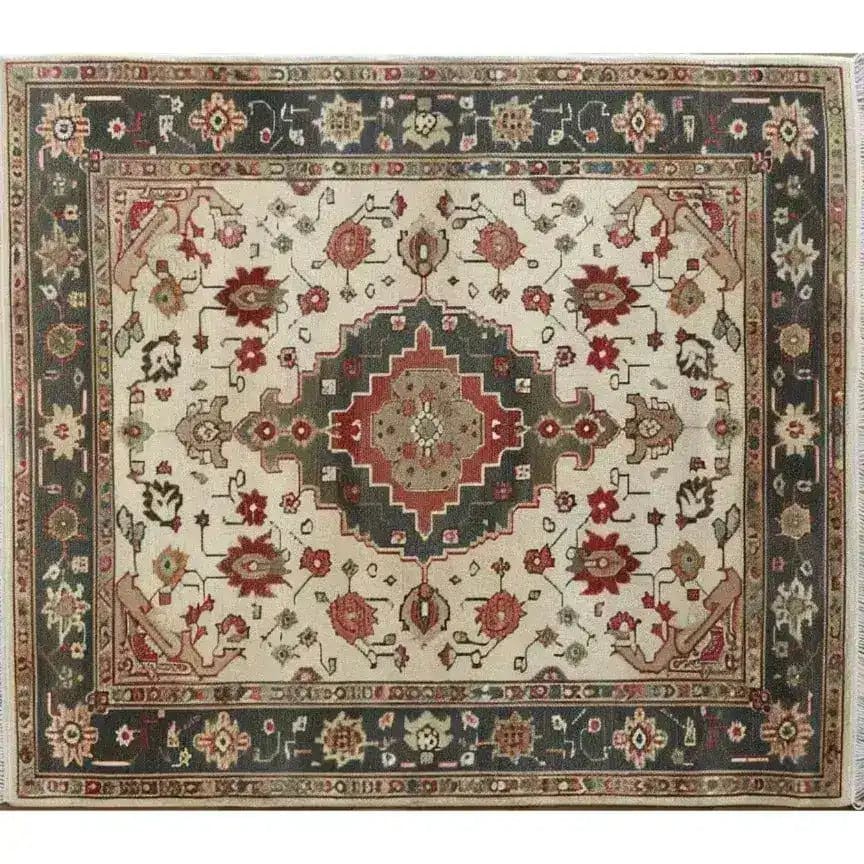 Top view of a beautifully crafted Ornamental Floral Hand Knotted Area Rug featuring intricate vintage patterns. This Persian-inspired floral rug is perfect for adding a touch of elegance to your living room. The 8x10 design showcases a rich blend of earthy tones and detailed motifs, making it a standout piece among Persian rugs.