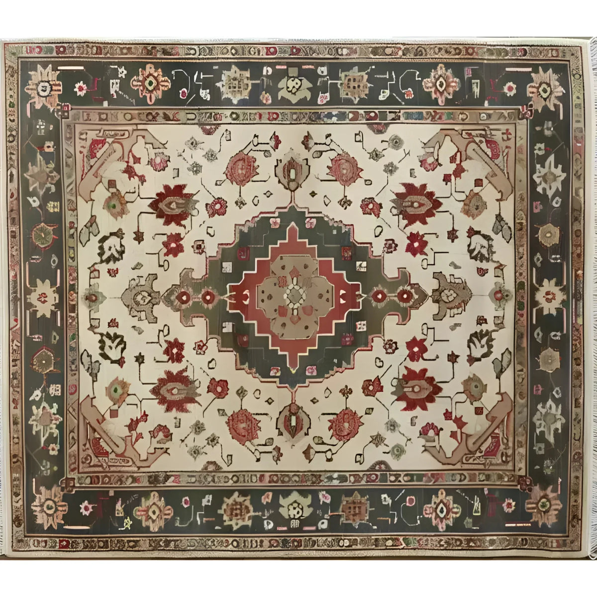 Top view of a beautifully crafted Ornamental Floral Hand Knotted Area Rug featuring intricate vintage patterns. This Persian-inspired floral rug is perfect for adding a touch of elegance to your living room. The 8x10 design showcases a rich blend of earthy tones and detailed motifs, making it a standout piece among Persian rugs.