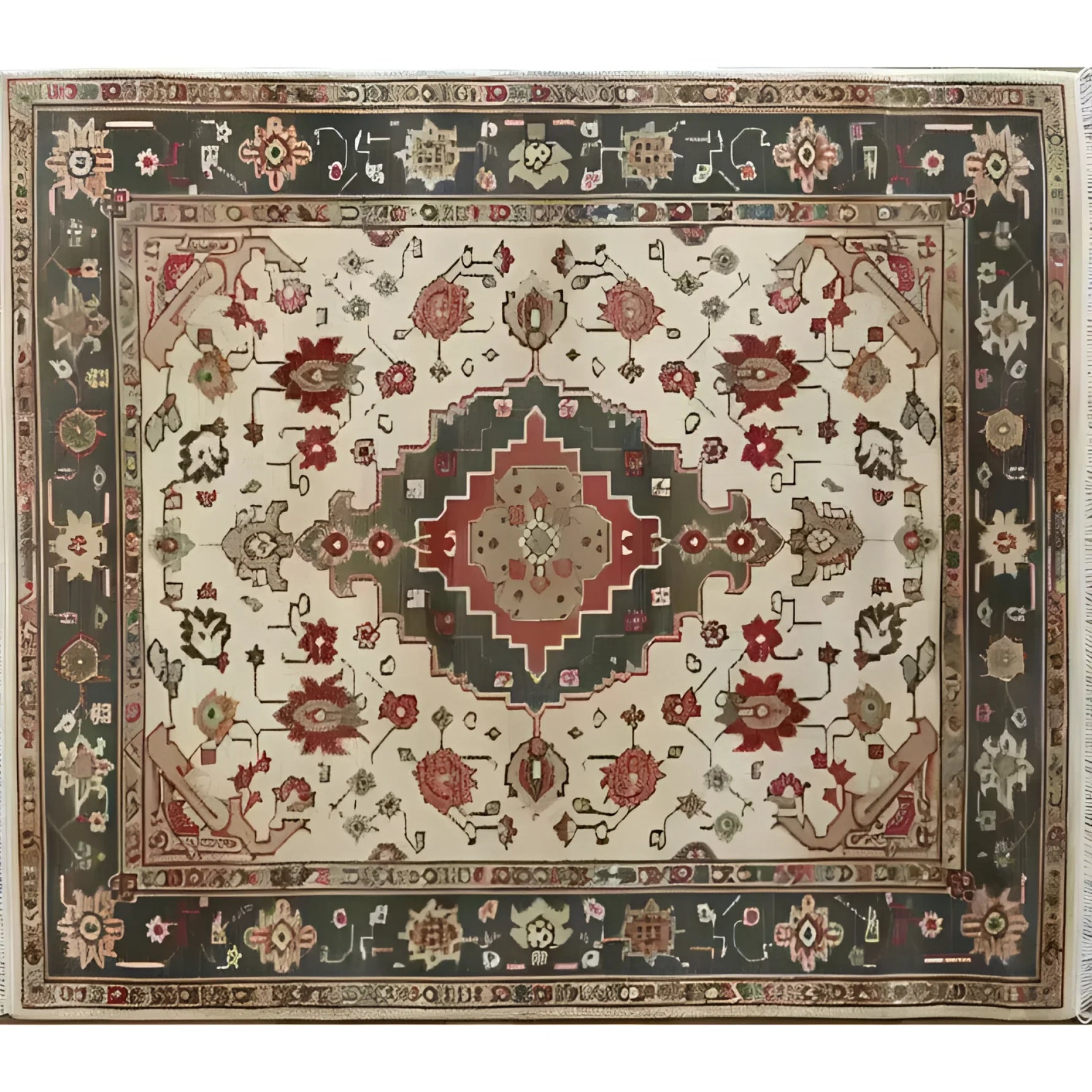 Top view of a beautifully crafted Ornamental Floral Hand Knotted Area Rug featuring intricate vintage patterns. This Persian-inspired floral rug is perfect for adding a touch of elegance to your living room. The 8x10 design showcases a rich blend of earthy tones and detailed motifs, making it a standout piece among Persian rugs.